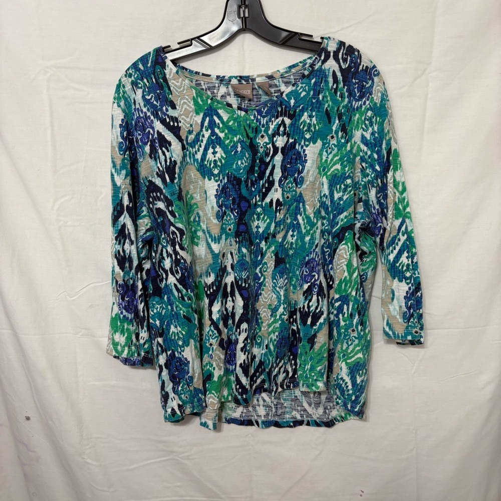 Chico’s Rayon Spandex Mediteranea Hi-Low Top in Iced Turq Multicolor - Picture 2 of 9